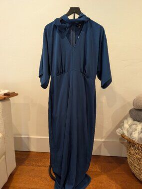 Karen Millen • Soft Tailored Tie‑Neck Maxi Dress • Navy • Size 14 • NWT